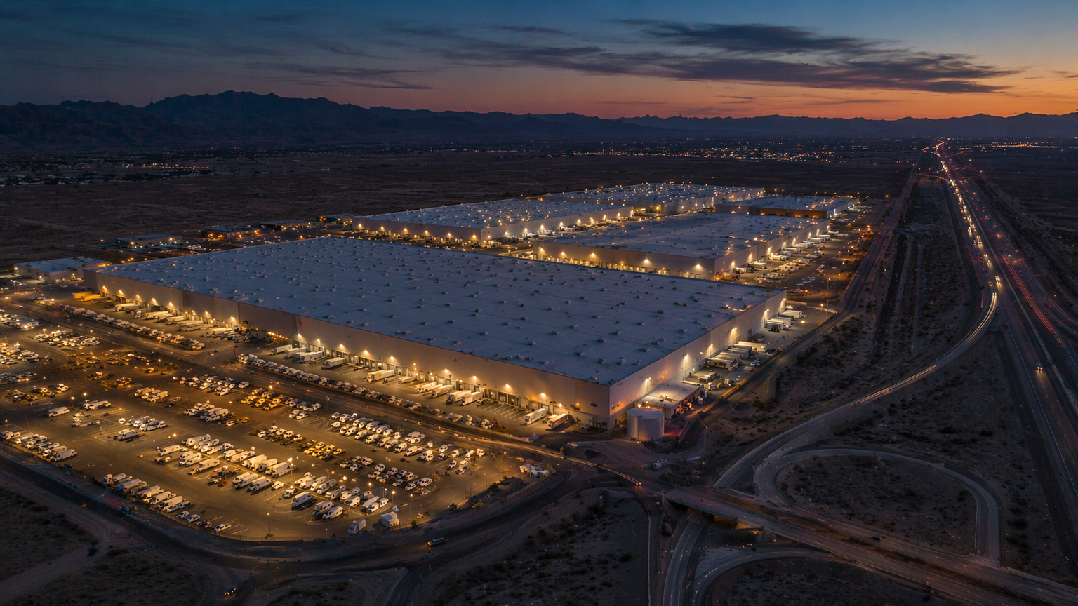An aerial view of a massive Amazon fulfilment centre at dusk, surrounded by delivery trucks in orderly rows, with the scale of the operation made visible against the surrounding landscape.