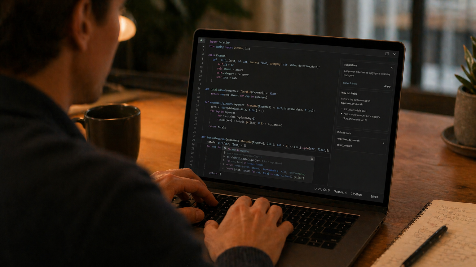 A developer working at a laptop with a code editor open, AI assistance woven into the editing surface rather than appearing as a separate chat window, illustrating ambient AI as an environmental condition of the workflow.