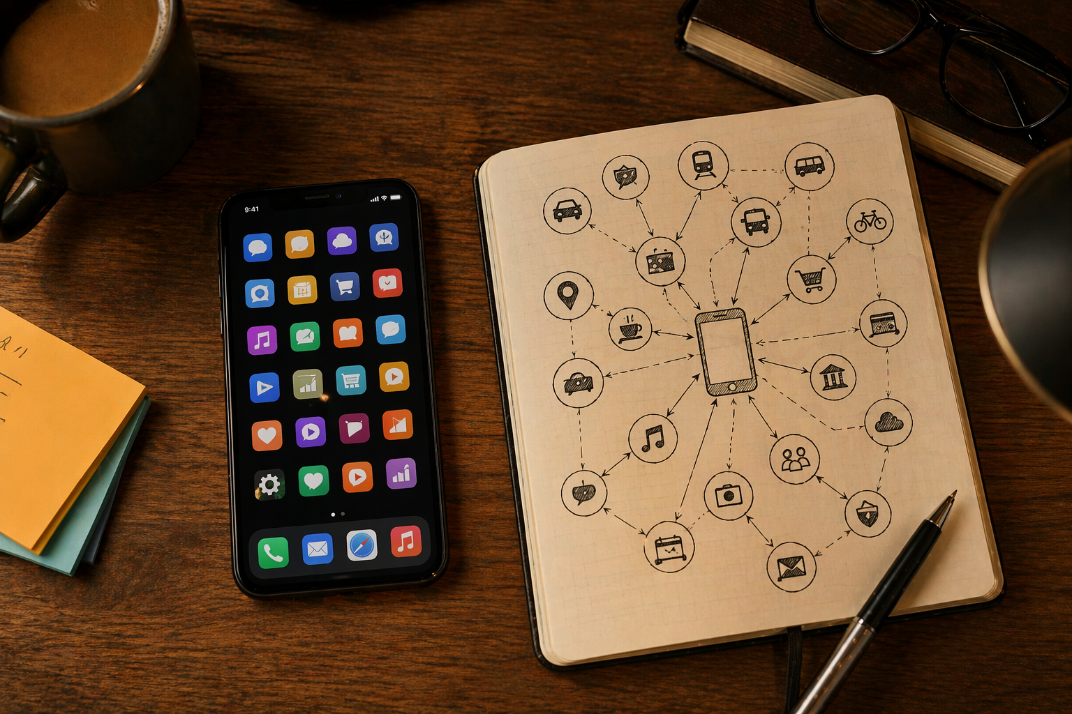 A smartphone displaying a colourful grid of app icons next to a notebook sketching a network diagram of connected services, suggesting the emergence of an app ecosystem as the substrate for new kinds of businesses.