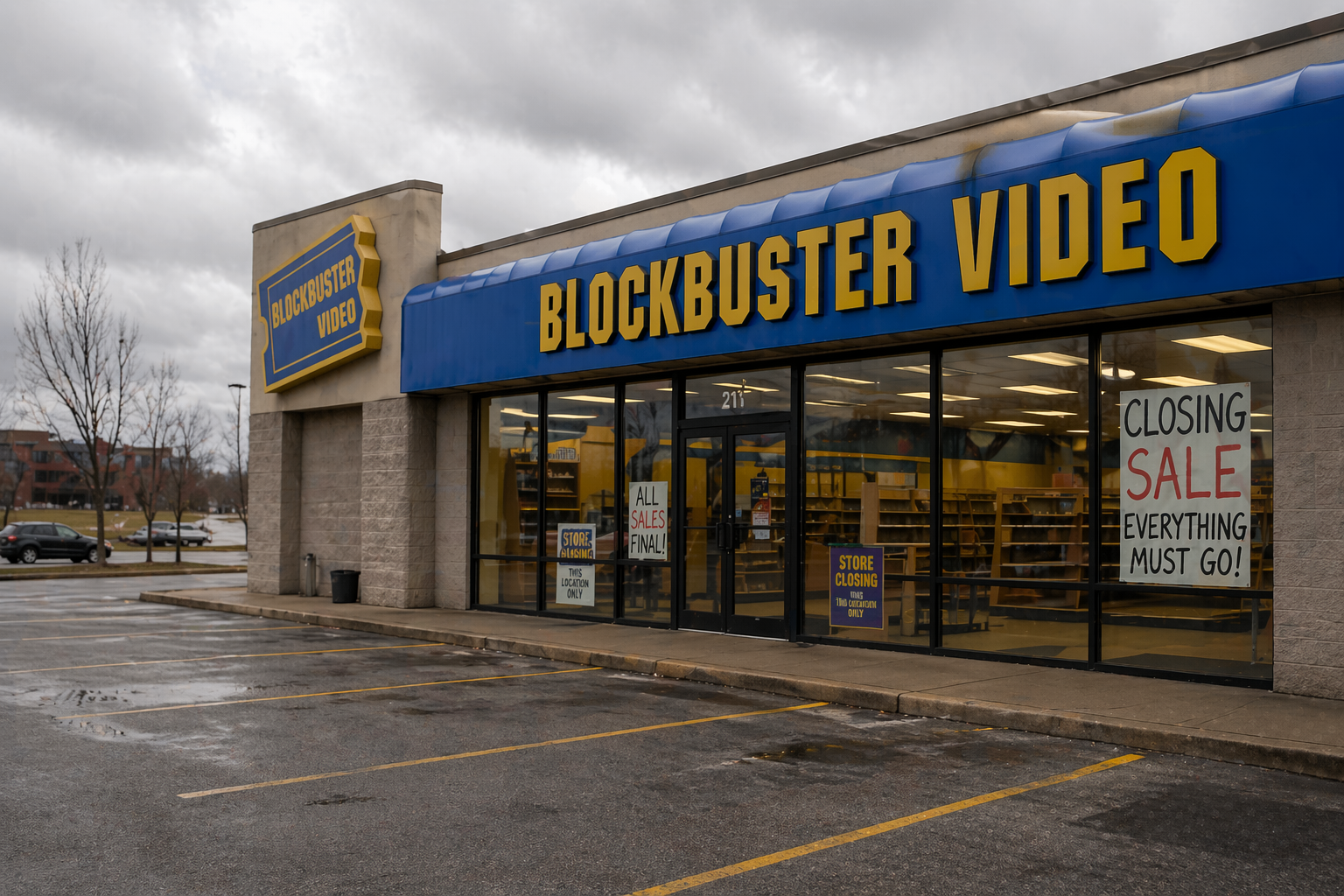A Blockbuster Video store in its final months, blue and yellow signage intact but shelves visibly sparse inside, a closing sale sign partially visible through the window, and a nearly empty car park under overcast daylight.