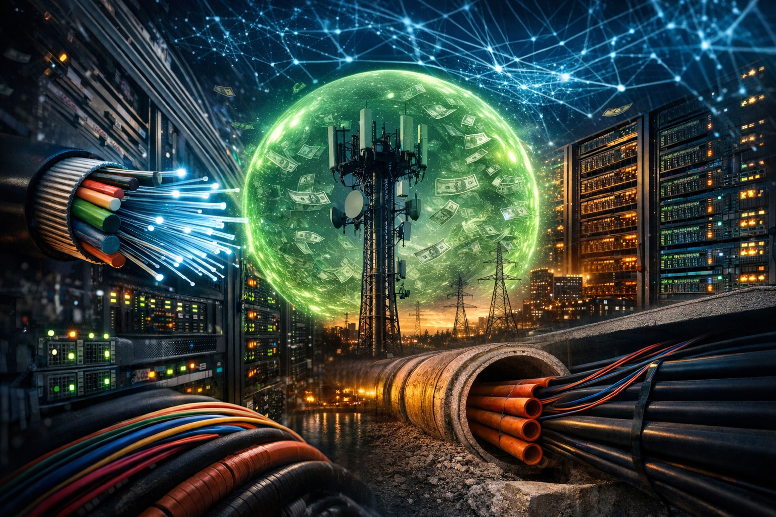 Fiber lines, servers, and power infrastructure framed inside a glowing money bubble around communications towers and datacenter capacity.