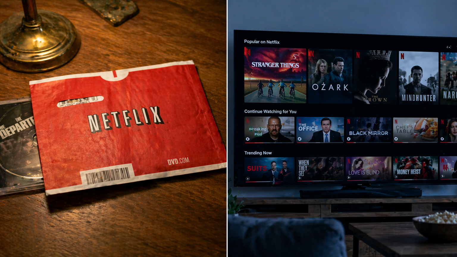 A split image showing a bright red Netflix DVD mailer envelope on the left and a modern streaming interface on a flat-screen television on the right, representing the transition from physical to digital media delivery.