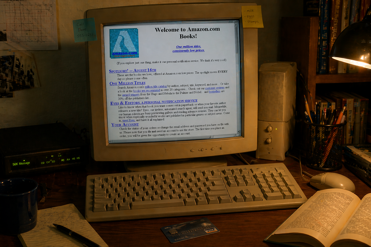 A late-1990s home desk with a dial-up modem, a browser showing an early Amazon books page, and a credit card hesitantly resting next to the keyboard.