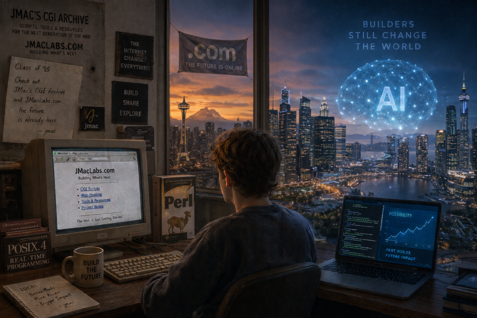 A teenage builder at a desk with JMac's CGI Archive and JMacLabs.com on an old monitor, looking out at a city skyline overlaid with an AI symbol.