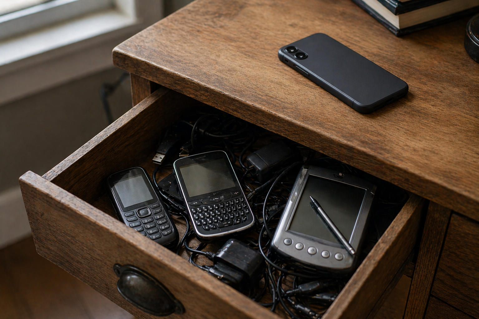 A drawer holding old feature phones, a QWERTY keyboard handset, and a PDA with a stylus, with a modern smartphone resting on the desk above them, representing the generational turnover in mobile devices as the substrate shifted.