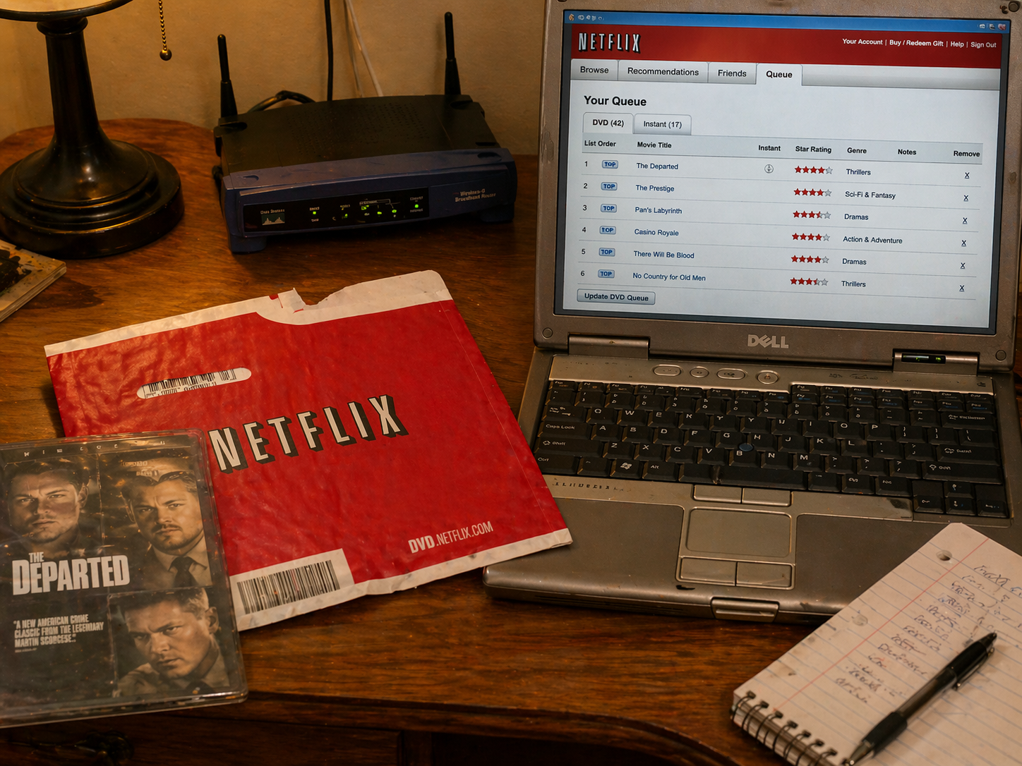 A bright red DVD mailer envelope resting on a desk beside a laptop showing a queued film list, representing the Netflix-era workflow of browsing online, managing a queue, and waiting for physical delivery.