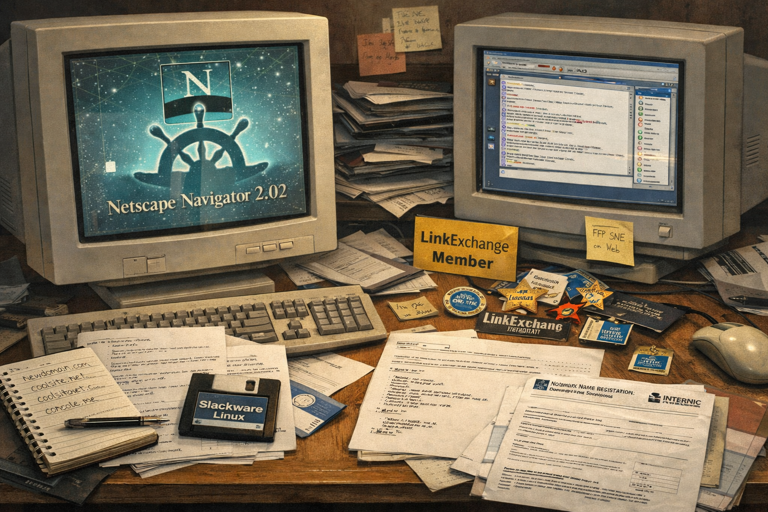 A late-1990s desk with Netscape, LinkExchange material, domain registration papers, and early web-building notes.