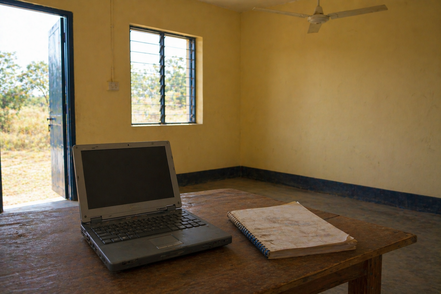 A mid-2000s laptop sitting on a simple wooden table in a spare, sunlit room with painted concrete walls, a dusty English-language manual beside it and no surrounding IT infrastructure visible, illustrating equipment dropped into a context without the support culture its specifications assumed.