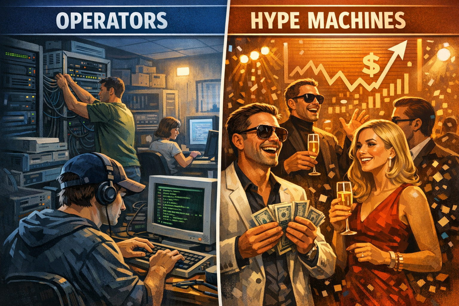 A split illustration contrasting server-room operators doing technical work with a party scene of hype-driven financiers celebrating market gains.