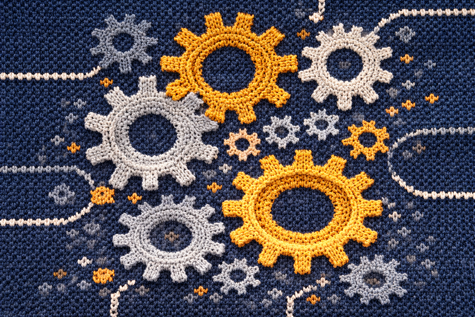 Editorial illustration of knitting needles and yarn beside code and
pattern diagrams, representing the parallel between knitting patterns
and software engineering — precision, structure, and systematic
problem-solving rendered in warm, textured tones.
