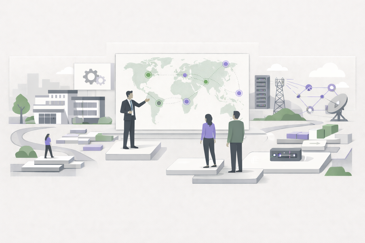 Wide, minimalist editorial illustration of an executive presenting a global
strategy in a calm, modern environment. A leader stands before a large
world map with subtle connection markers, while two colleagues observe
from a stepped platform. Surrounding elements suggest a corporate campus,
discreet data-center infrastructure, and distant network facilities, all
rendered in neutral tones with restrained purple and green accents,
conveying global enterprise leadership and stability.
