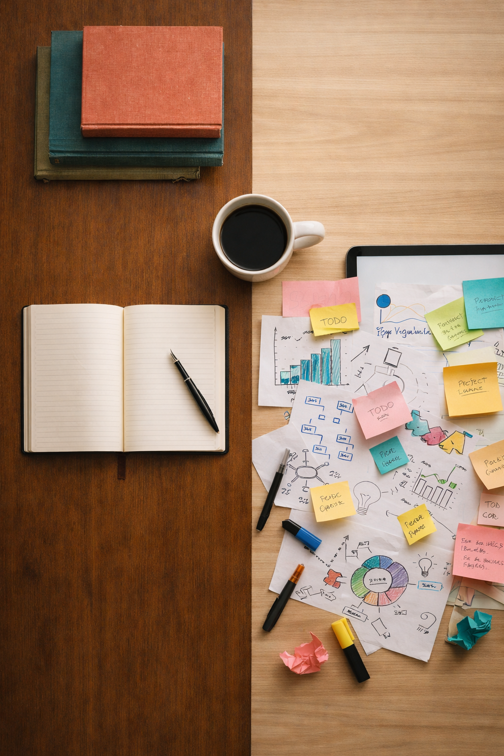 Overhead view of a split desk: the left side neat and orderly with stacked books, a blank notebook, and a single pen on dark wood; the right side covered in hand-drawn diagrams, colorful sticky notes, and scattered markers on lighter wood, with a coffee cup bridging the two halves.