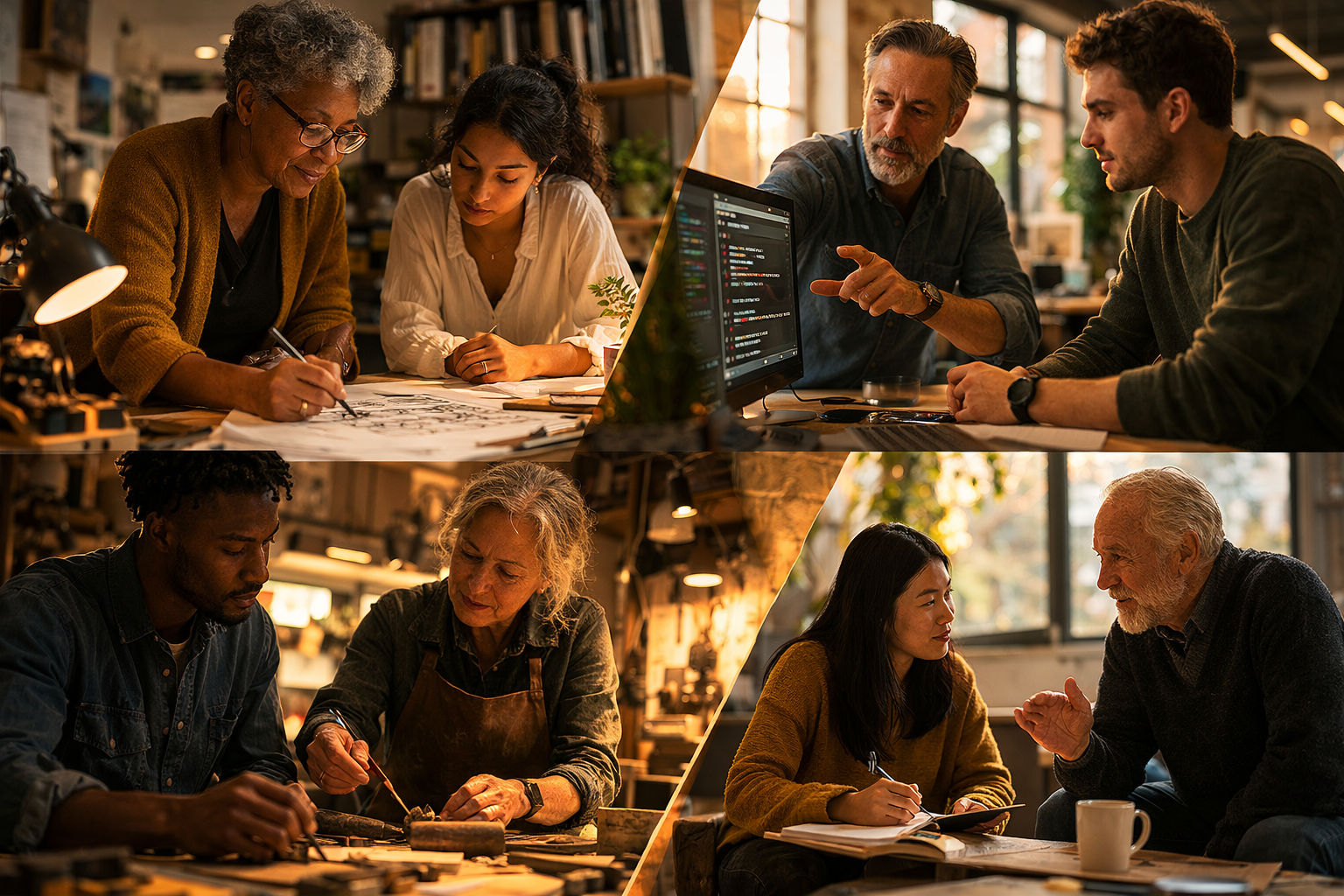 An older professional speaks across a table to a younger professional who is taking notes in a bright office setting, suggesting a one-to-one mentorship conversation.