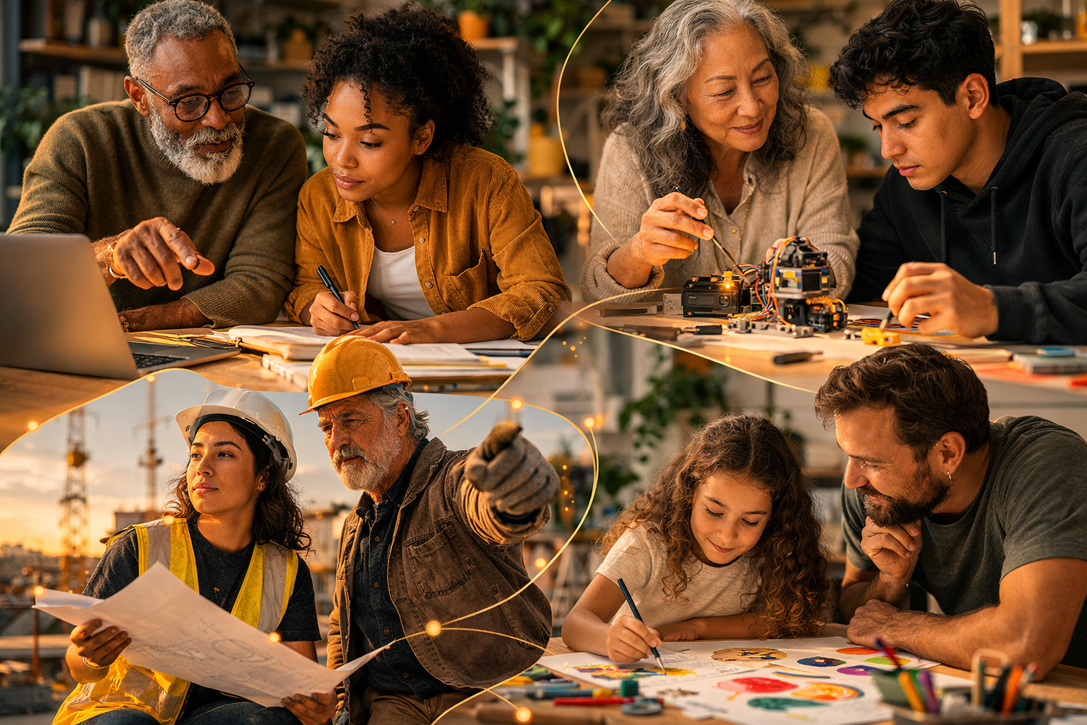 A four-part collage shows mentoring in an office, at an electronics workbench, on a construction site, and during a child's drawing activity, with glowing lines visually linking the scenes.