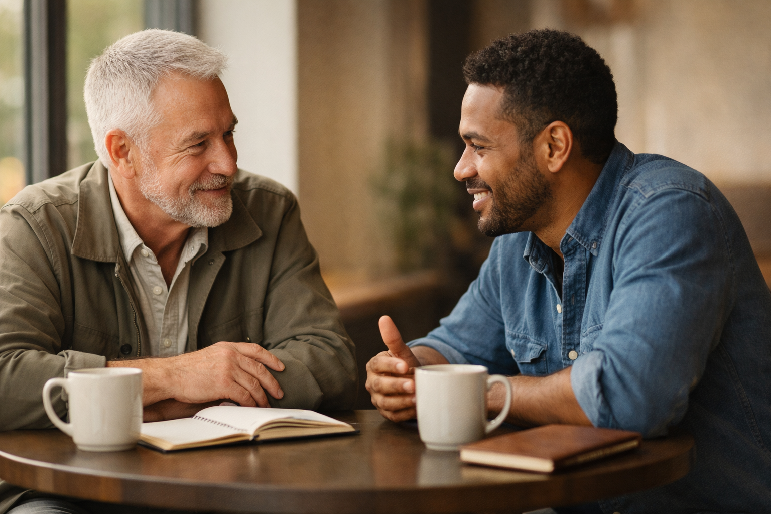 Two professionals in relaxed conversation at a round cafe table — an
older man with silver hair listening attentively and a younger man in
a denim shirt gesturing as he speaks, coffee mugs and an open
notebook between them.
