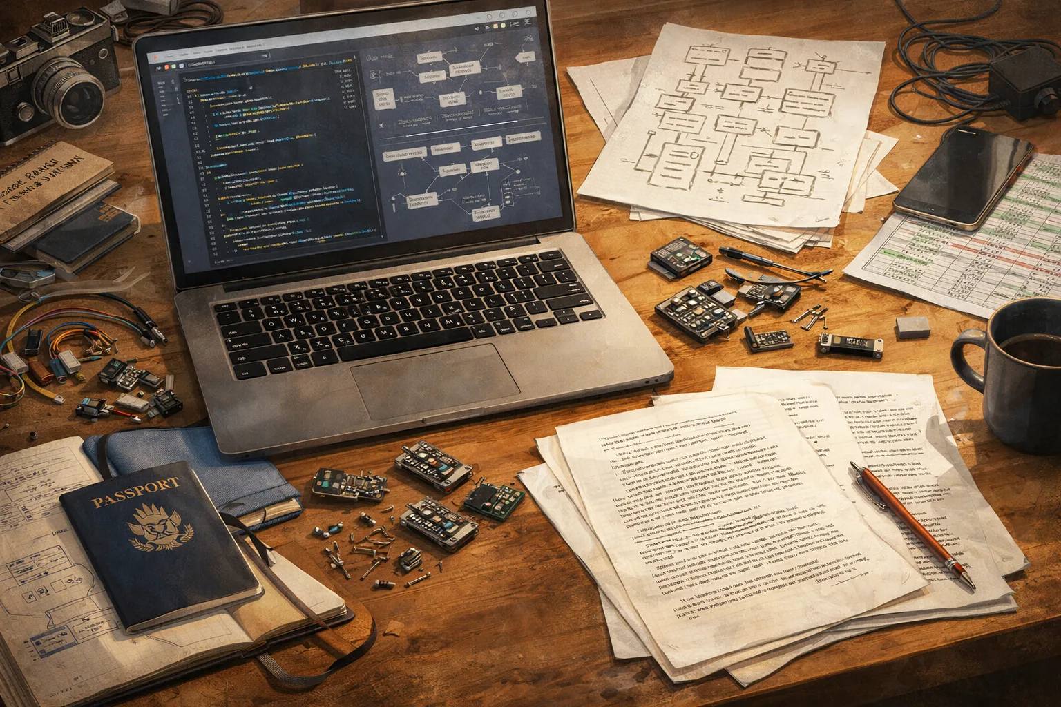 A working desk with a laptop showing code and system diagrams, surrounded by travel documents, manuscript pages, notebooks, coffee, and small electronics components, representing personal technical projects outside of work.