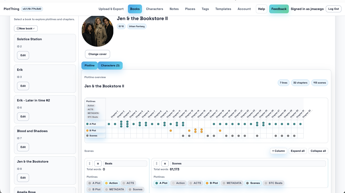 PlotThing plotline view showing book management with chapters and scenes