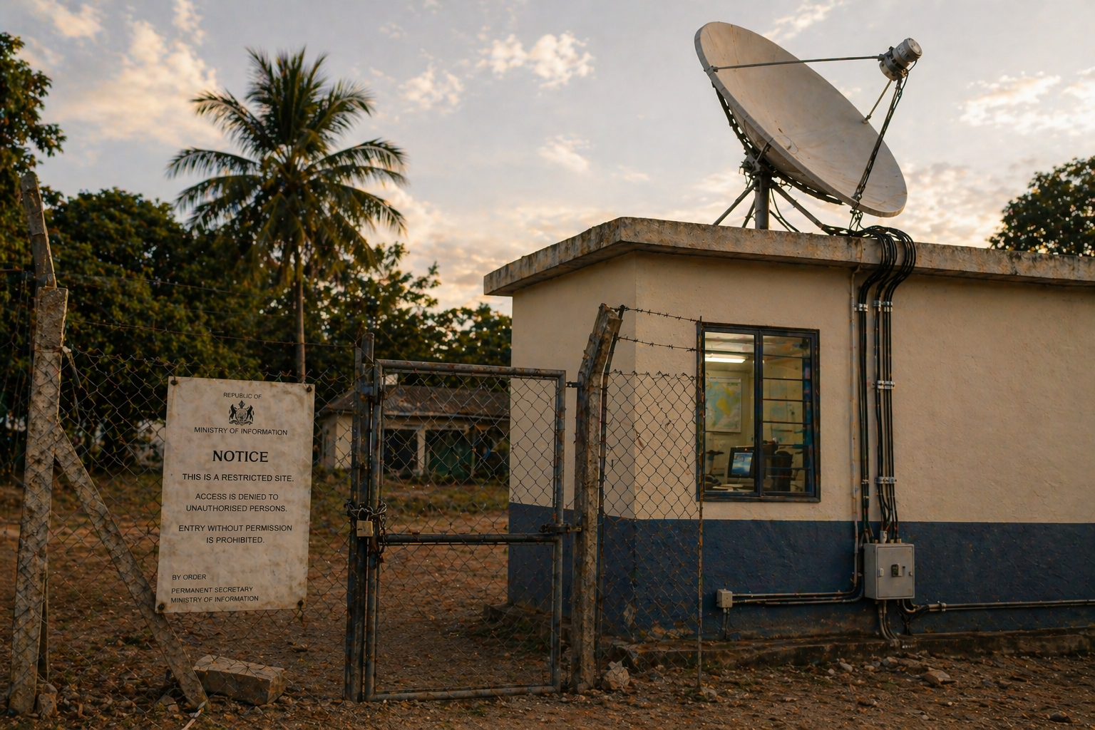 A VSAT satellite dish mounted on a concrete rooftop in a tropical setting, cabling running down through a painted wall to a small office, with a chain-link fence and padlocked gate in the foreground, suggesting a regulated, gatekept access point rather than an open connection.