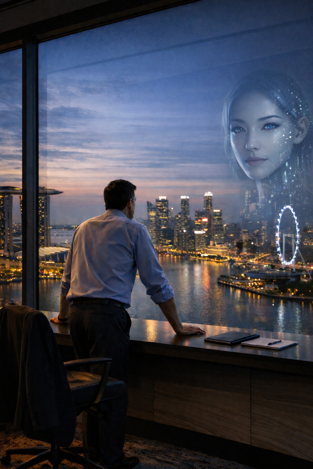 A man looking out over Singapore at dusk, with a large AI face reflected in the glass beside the skyline.