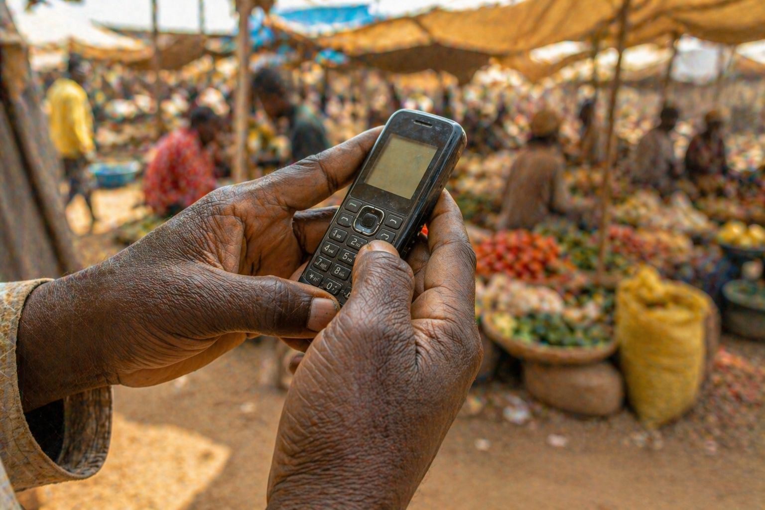 Close-up of weathered hands holding an unbranded early-2000s feature phone, a thumb mid-press on the numeric keypad, a blurred open-air market with baskets of produce behind, illustrating SMS-based coordination and direct trade without any internet interface.
