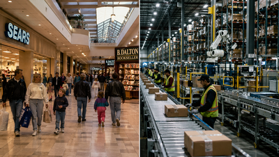 A split scene contrasting a 1990s shopping mall with busy anchor stores against a modern fulfilment centre with conveyor belts and robotics, representing the shift in how retail infrastructure works.