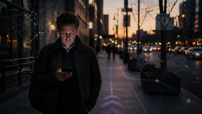 A person walking a city street at dusk, face lit by the glow of a smartphone, with faint map lines and notification glyphs drifting in the air around them, suggesting the internet as an ambient layer of daily life rather than a destination.