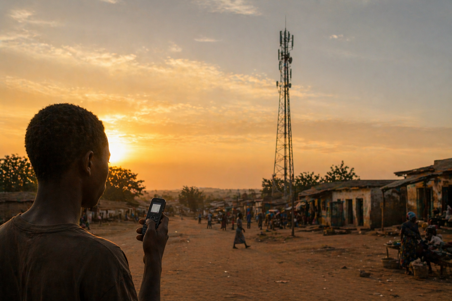 A dusty sub-Saharan street at golden hour with an unbranded cell tower rising above low buildings and a person in the foreground holding an early-2000s candy-bar mobile phone, its small screen lit, suggesting a network that arrived without the landline infrastructure that preceded it in the West.